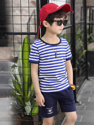 Ericdress Letter Stripe T Shirt Plain Shorts Boy's Summer Outfits img 1